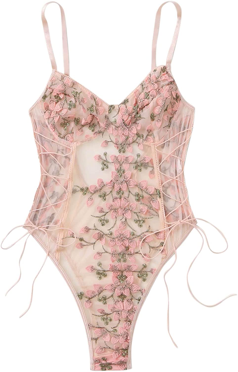 Price:$18.99 Women's Mesh Sheer One Piece Sexy Lace Up Embroidered Teddy Lingerie Bodysuit: Clothing, Shoes & Jewelry