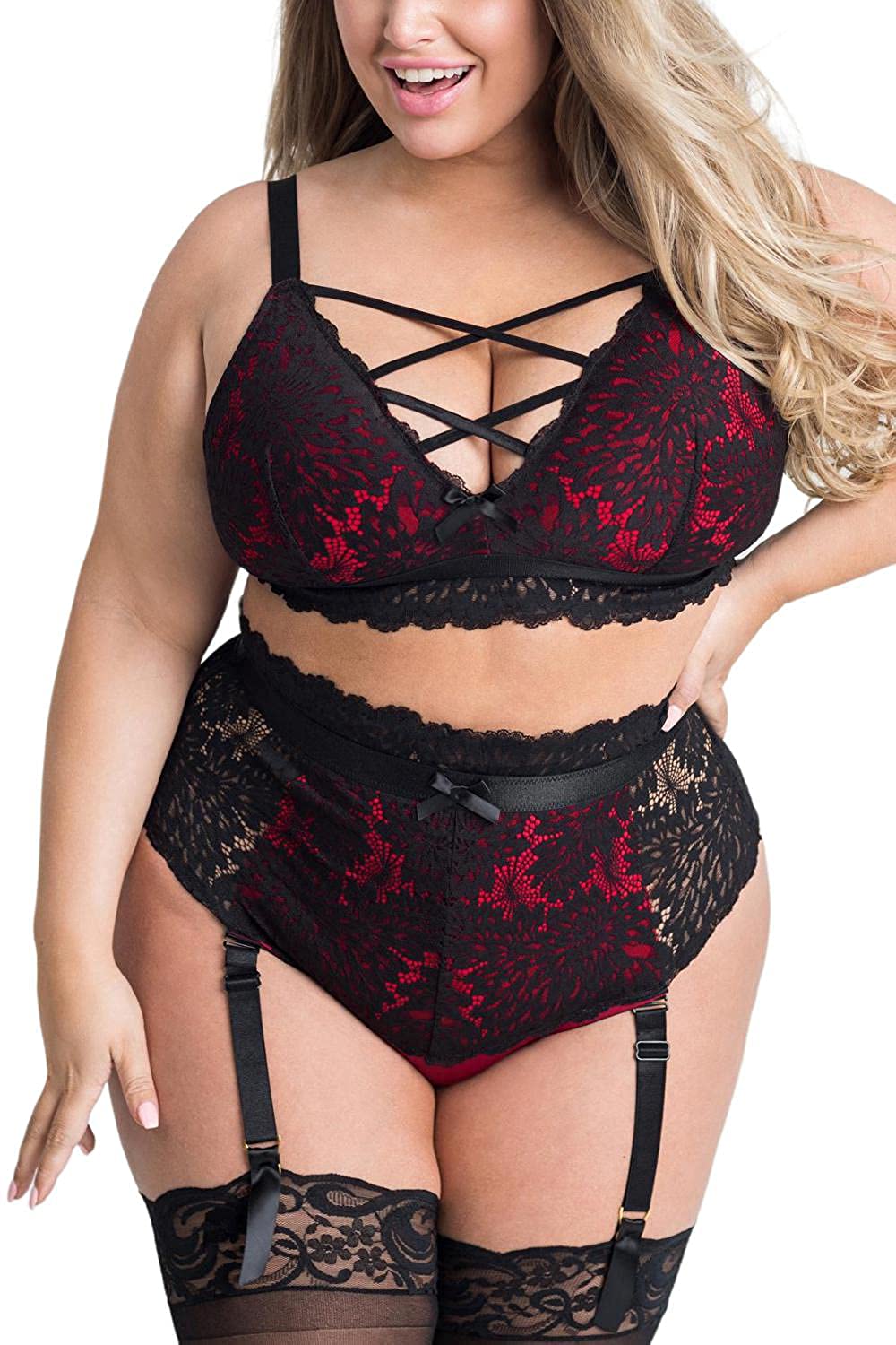 Price:$19.88 Size Lingerie Set for Women, Sexy Luxe Criss-cross Bra Set Lace Cups Classic Underwear with High Waisted Suspender Thong: Clothing, Shoes & Jewelry