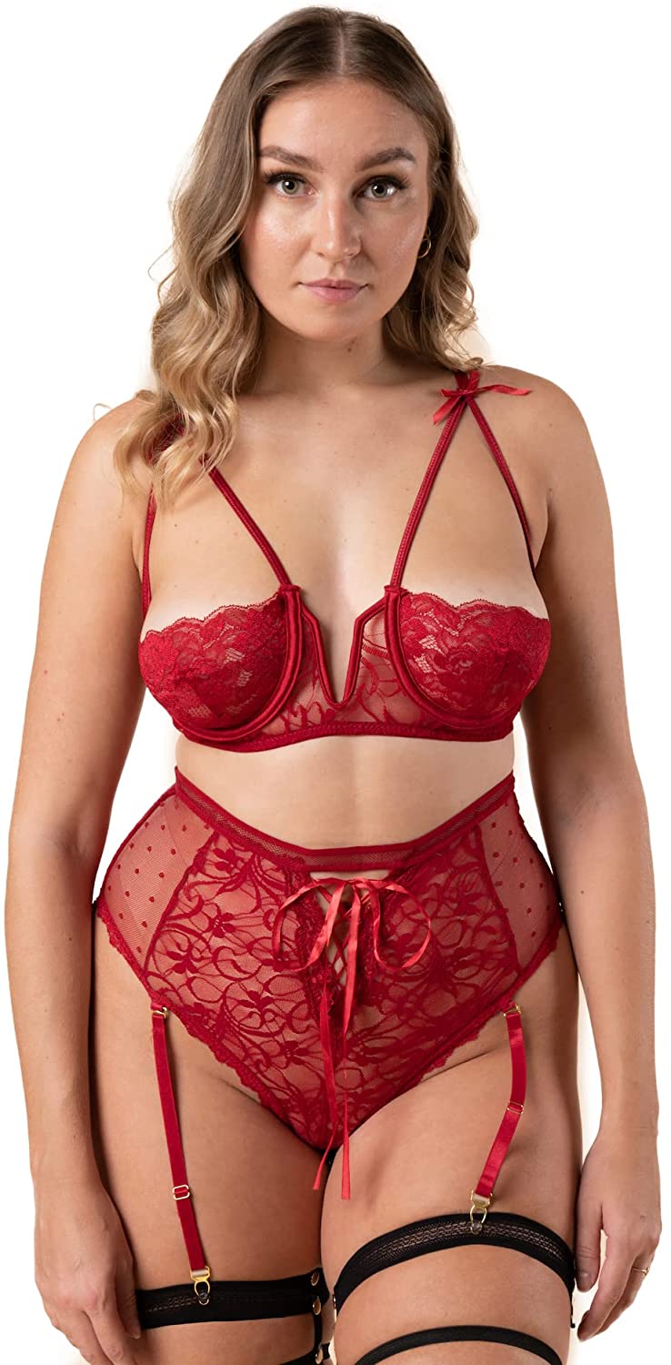 Price:$19.99 Sexy Strappy V Bone Bra & Brief Set with Garter Belt, Red: Clothing, Shoes & Jewelry