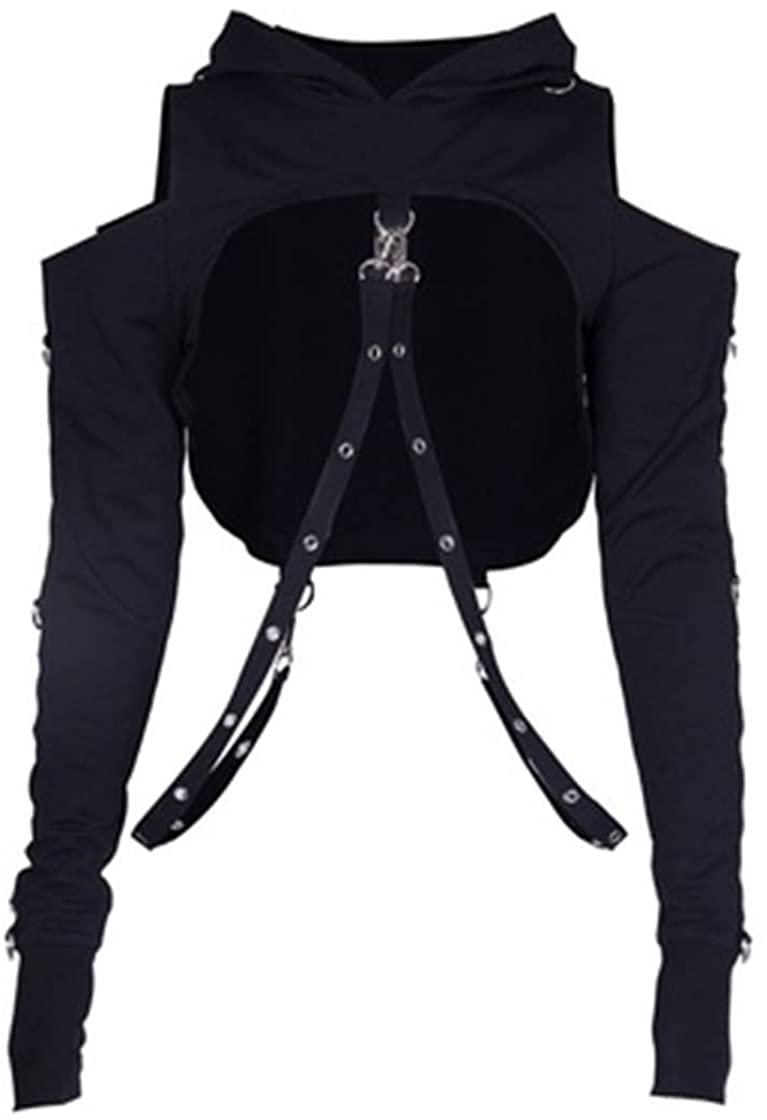 Price:$26.99 Gothic Punk Hoodies Bandage Crop Tops Long Sleeve Pullover Sweatshirt for Rave Festivals Streetwear at Amazon Women’s Clothing store