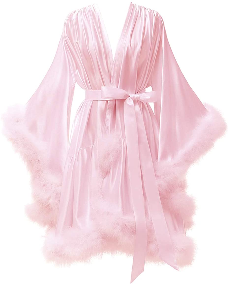 Price:$79.99 Feather Fur Robe Silk Satin Bridal Dressing Gown Sexy Illusion Lingerie Nightgown Bathrobe Sleepwear at Amazon Women’s Clothing store