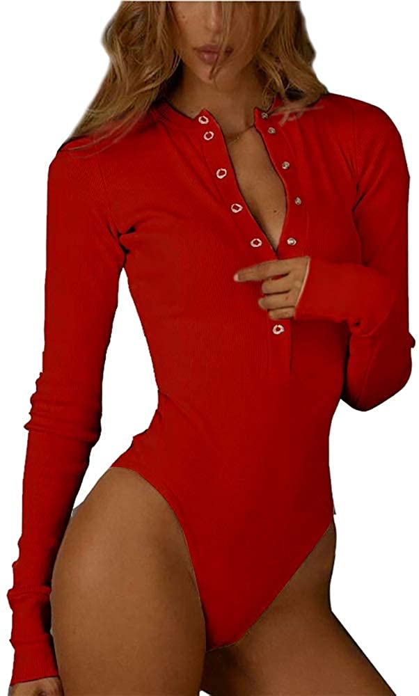 Price:$23.99 Women Front Zip Round Neck Long Sleeve Bodysuit Bodycon Ribbed Bodysuit Leotard Top at Amazon Women’s Clothing store