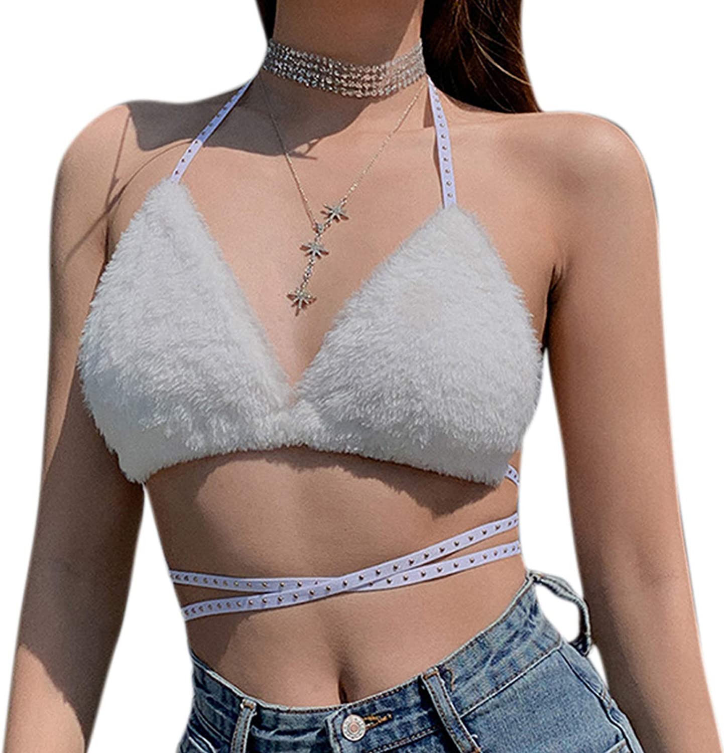 Price:$16.99 Sexy Plush Halter Crop Tank Top Self Tie Bandage Bikini Bra Top Camisole Vest White at Amazon Women’s Clothing store