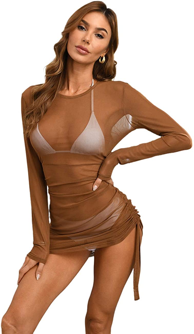Price:$15.99 Women's Sheer Mesh Bodycon Mini Dress Long Sleeve See Through Swimwear Bikini Cover Up Dress at Amazon Women’s Clothing store
