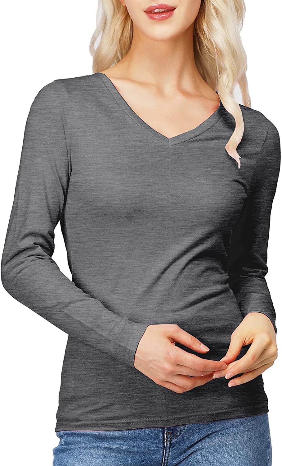 Price:$16.50 Womens Basic Slim Fit Soft Long Sleeve V Neck Cotton T-Shirt at Amazon Women’s Clothing store