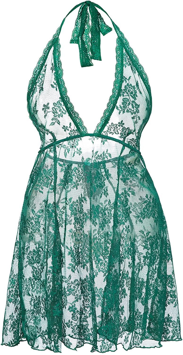Price:$6.49 Lingerie for Women Plus Size V Neck Backless Halter Chemise Sleepwear Lace Babydoll Lingerie Two Piece Set: Clothing, Shoes & Jewelry