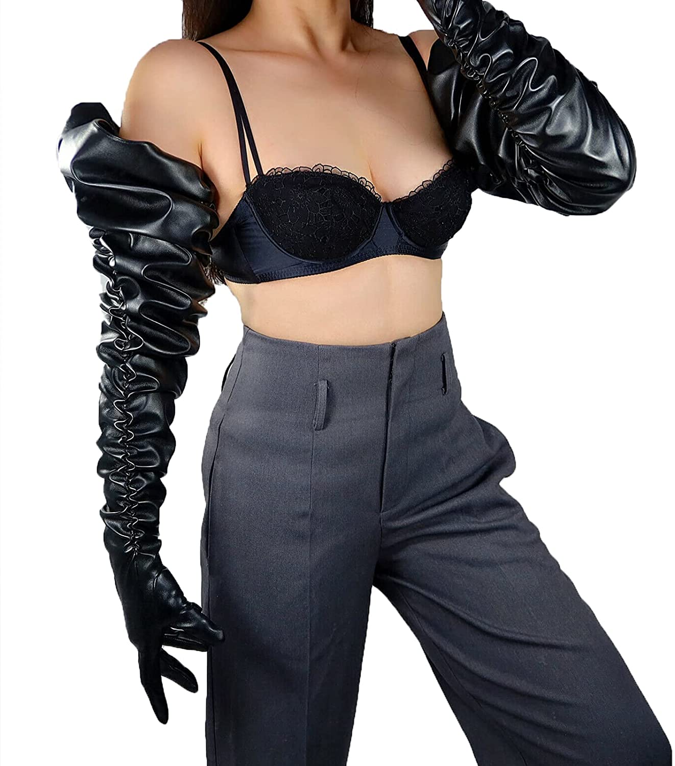 Price:$28.99 Women EXTRA LONG Leather Gloves Black TOUCHSCREEN Faux Lambskin Soft Ruched Long Sleeve Costume Cosplay Perform Unisex 39 icnesh at Amazon Women’s Clothing store