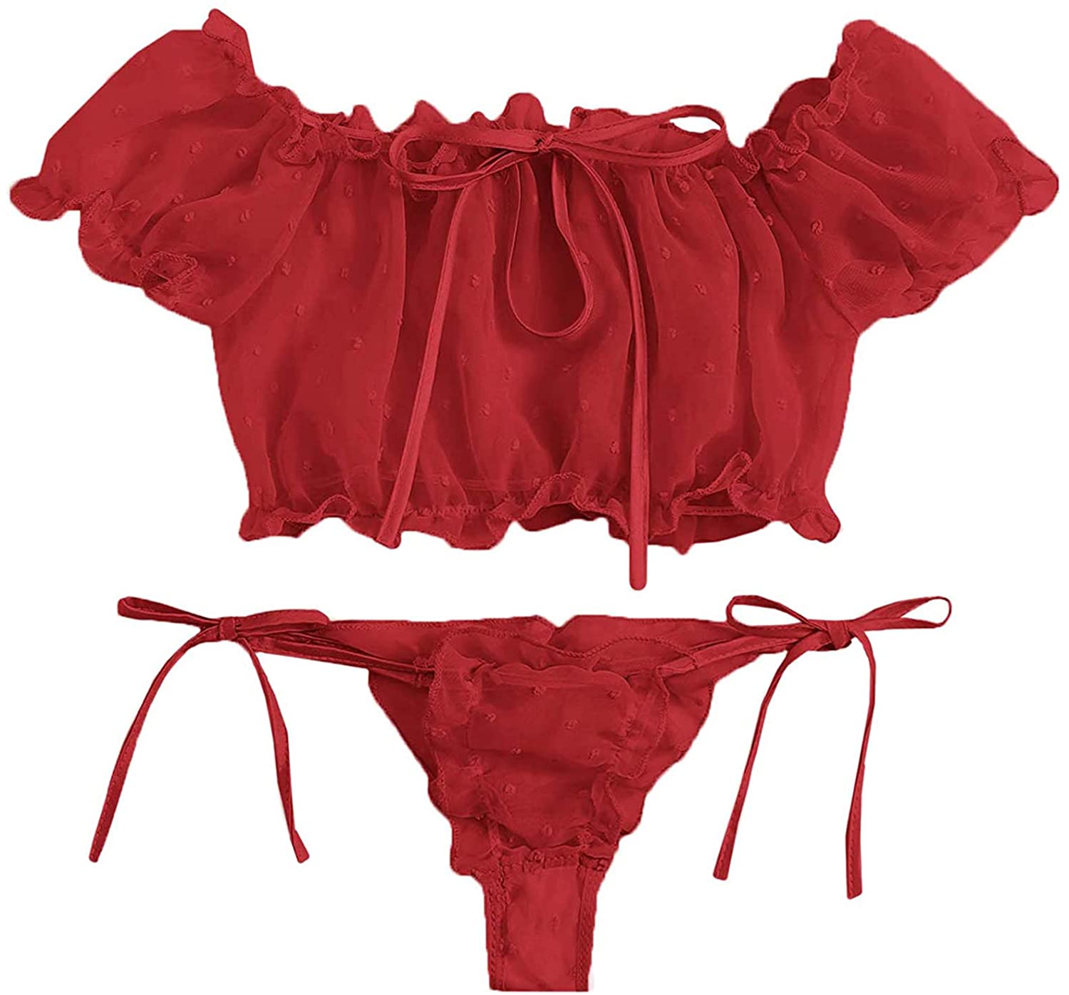 Price:$6.99 Women's Sexy Lingerie Set Self Tie Ruffle Trim Mesh Bra and Panty Set: Clothing, Shoes & Jewelry