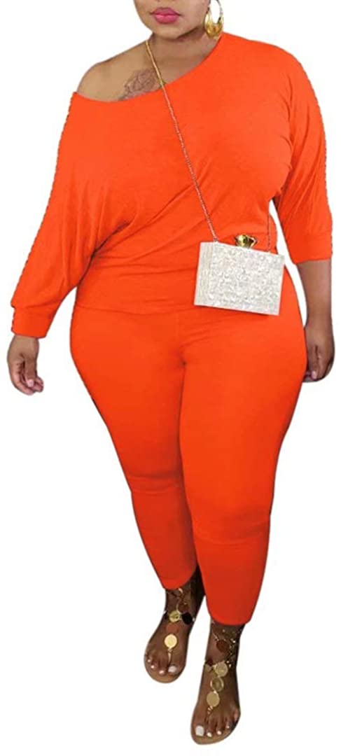 Price:$14.99 Womens Sexy Plus Size Two Piece Outfit - Off Shoulder Long Sleeve Shirt Bodycon Pants Set Clubwear Tracksuit at Amazon Women’s Clothing store