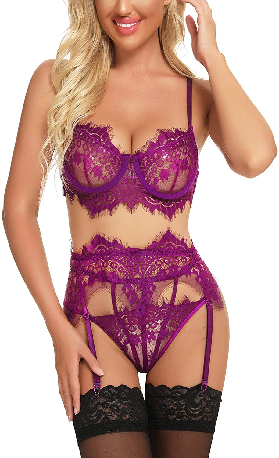 Price:$18.99 Dog Women Sexy Lingerie Set with Garter Belt Floral Lace Bra and Panty Set Strappy Bodysuit Lingerie S-XXL at Amazon Women’s Clothing store
