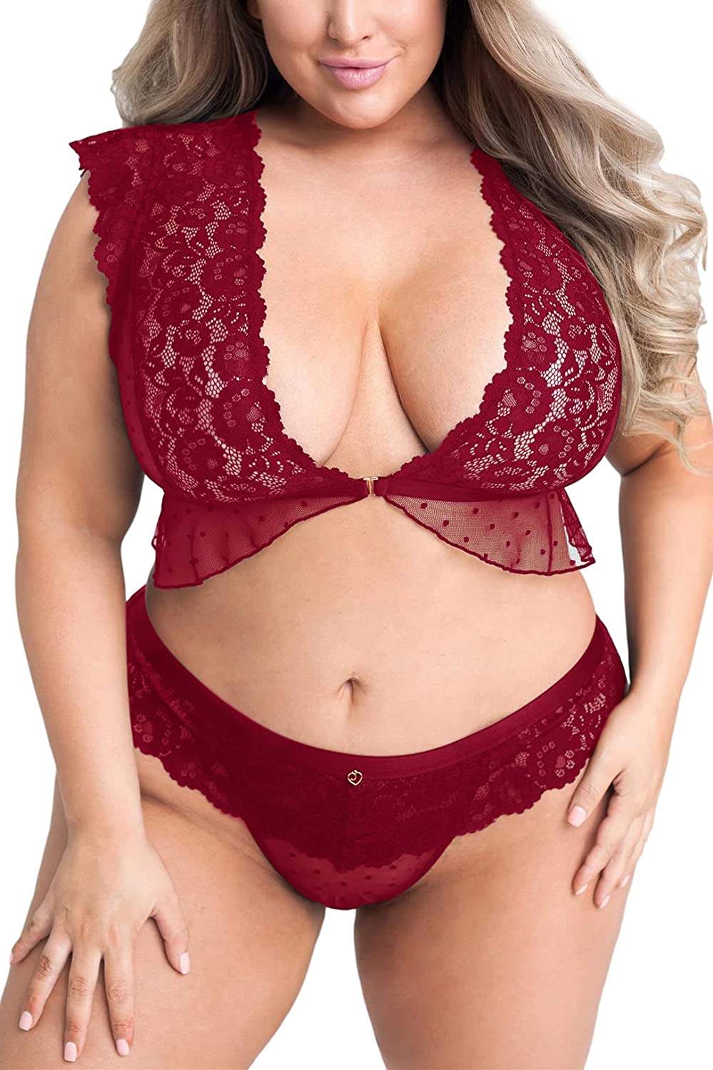 Price:$17.88 Plus Size Lingerie for Women, 2 Piece Outfit Sexy Front-Open Backless Underwear Polka Ruffle Unwrap Bra and Panty at Amazon Women’s Clothing store