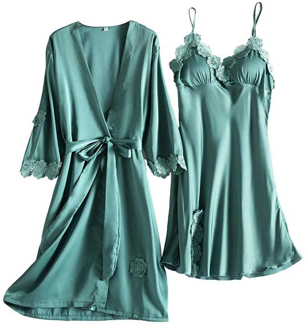 Price:$22.99 2pcs Sexy Silk Pajamas for Women Silkly Nightgown Solid Color Satin Robe Gown Sets Lace V-Neck Nightdress Sleepwear: Clothing, Shoes & Jewelry