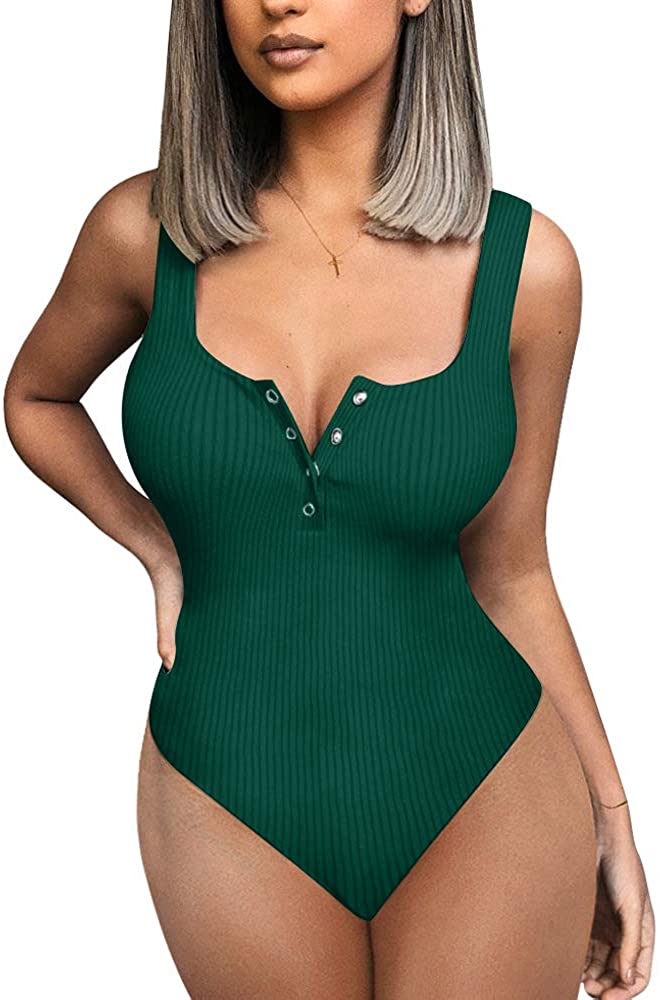 Price:$15.99 Women's Basic Tank Top Button Down Bodysuit Sexy Bodycon Clubwear Bodysuit at Amazon Women’s Clothing store