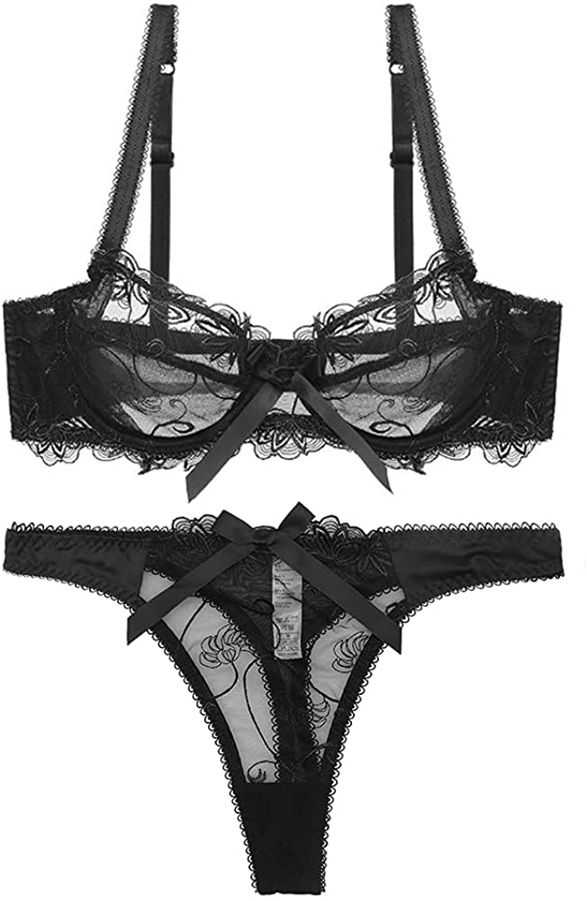 Price:$15.99 Lingerie Set for Women Sexy Bra and Panty Thongs Set 2 Piece Mesh Embroidery Bralette Set at Amazon Women’s Clothing store