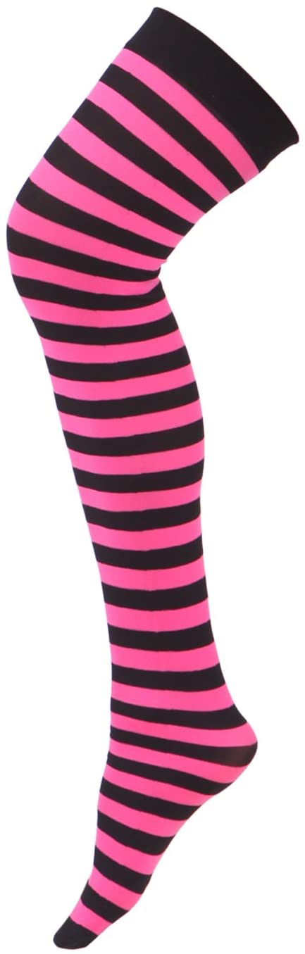 Price:$11.99 Women's Plus Size Striped Stockings Thigh High Over the Knee OTK Sheer Nylons (Pink Black Stripes) at Amazon Women’s Clothing store