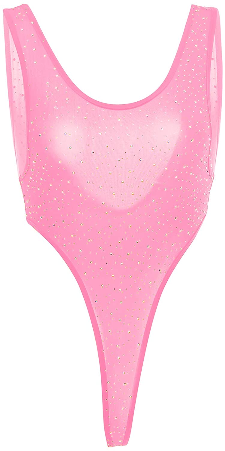 Price:$14.99 Rhinestones Bodysuit Sexy High Cut Thong Leotard Babydoll Teddy Thong Underwear Brazilian Bikini Lingerie One Piece Swimsuit Stripper Outfit Nightwear Sheer Mesh Romper Dark Pink Beads One Size: Clothing, Shoes & Jewelry