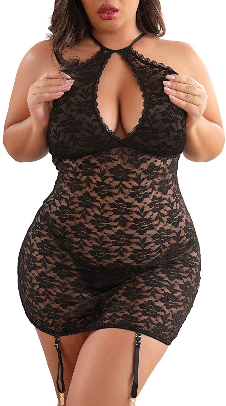 Price:$5.99 Women's Halter Plus Size Lace Lingerie Keyhole Mesh Stretch Babydoll Chemise with Garters at Amazon Women’s Clothing store