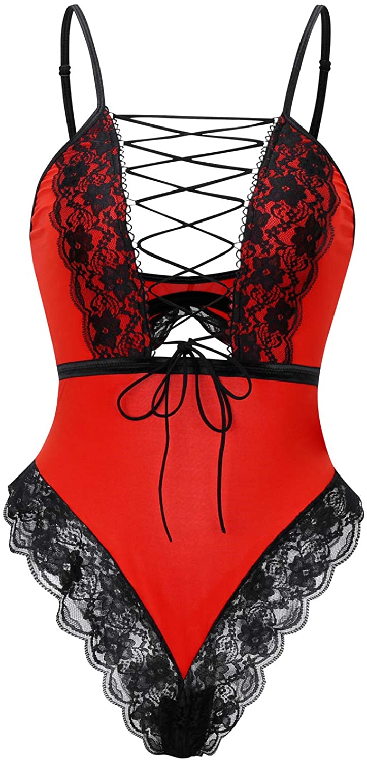 Price:$16.88 Women's Lingerie Red Backless Sexy Teddy Deep V Neckline Strappy Lace Trim Bodysuit at Amazon Women’s Clothing store