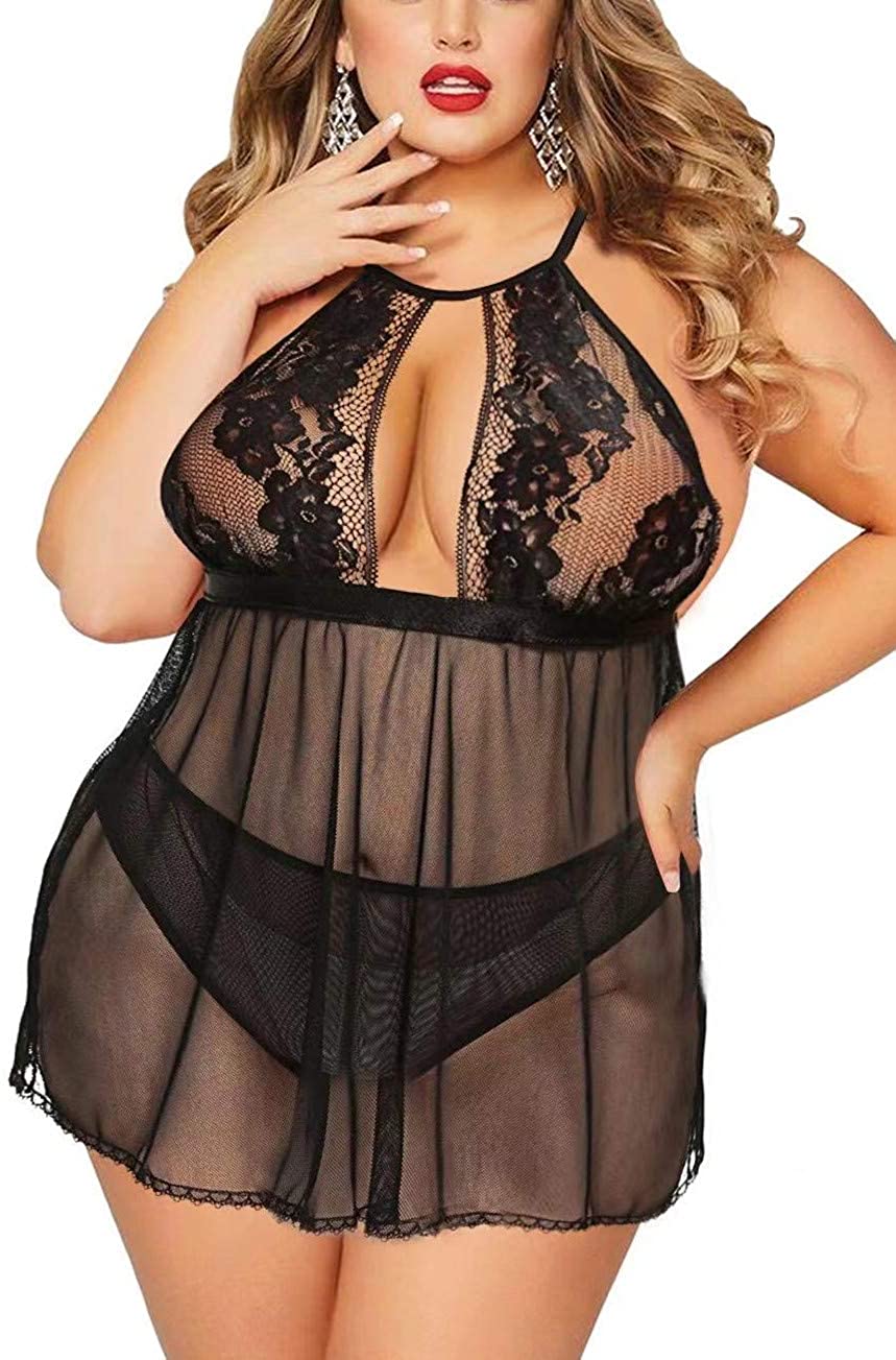 Price:$17.88 Size Babydoll for Women Sexy Halter Keyhole Lace Lingerie Set Sheer Mesh Open Back Chemise Sleepwear at Amazon Women’s Clothing store