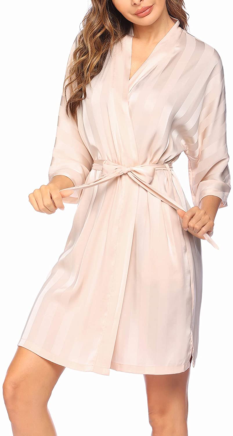 Price:$15.39 Women's Silk Robe Kimono Short Satin Bathrobe Sleepwear Bridesmaids Wedding Party Dressing Gown at Amazon Women’s Clothing store