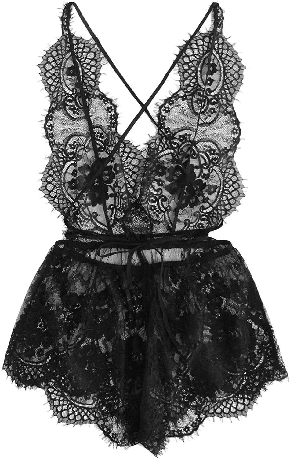 Price:$12.99 Women's Lace Teddy Lingerie Deep V Backless Sleeveless Romper Sleepwear at Amazon Women’s Clothing store