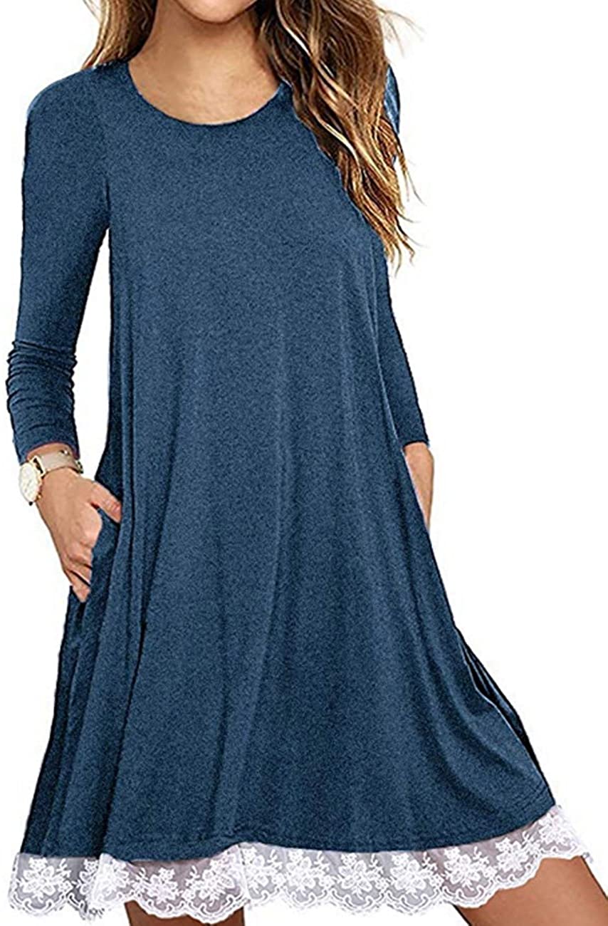 Price:$17.99 Women's Summer Fall Short Sleeve/Long Sleeve Lace Hem T-Shirt Loose Dress with Pockets at Amazon Women’s Clothing store