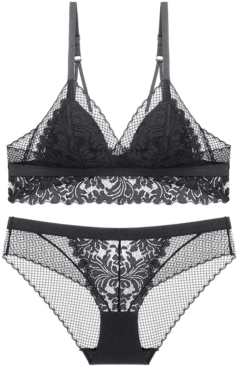 Price:$18.95 Women's Lace Triangle Floral Bra Wirefree Lingerie Bra and Panties Set at Amazon Women’s Clothing store