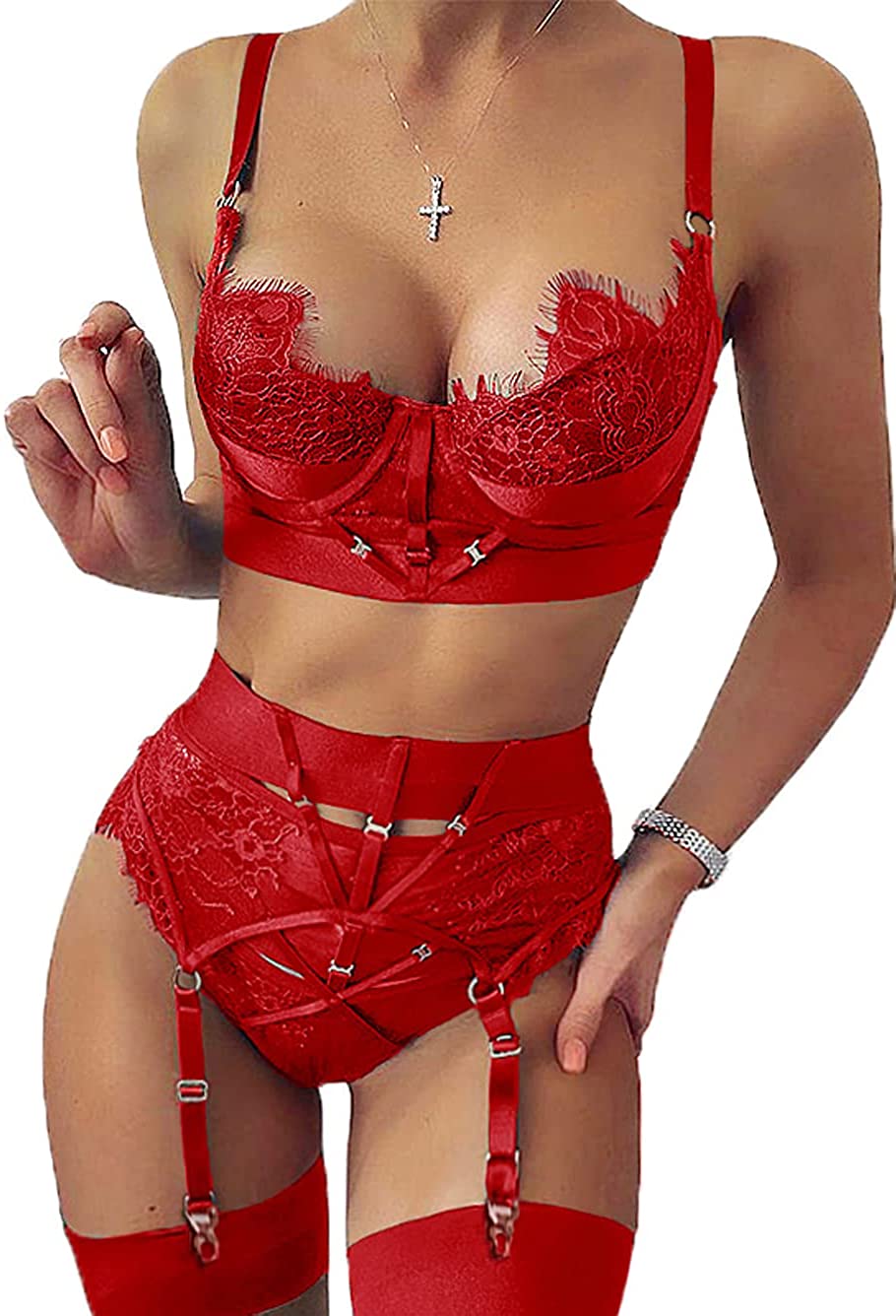 Price:$20.99 Floral Lace Patchwork,Underwire,Cutout,4 Piece,Garter Lingerie for Women at Amazon Women’s Clothing store