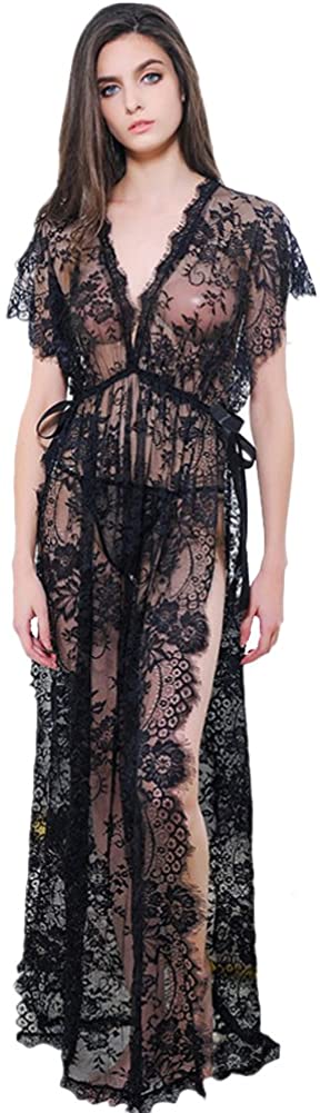 Price:$17.99 Lover Women's Lace V-neck Babydoll Nightwear Side Split Long Gown Sleepwear Lingerie with Thong,Black: Clothing, Shoes & Jewelry