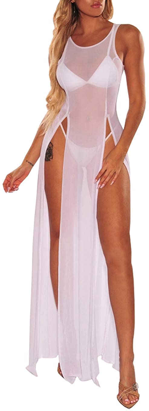 Price:$6.00 Sheer Mesh Cover Up Dress for Swimwear Women Sleeveless See Through High Split Beach Dress at Amazon Women’s Clothing store