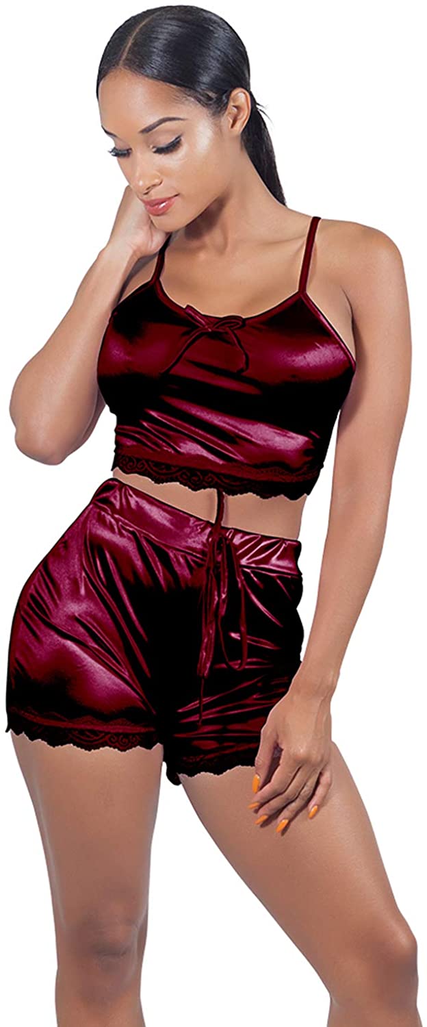 Price:$17.90 Women Sleeveless Lace Crop Top Camisole and Shorts Pajamas Sleepwear Set at Amazon Women’s Clothing store