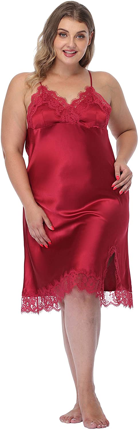 Price:$12.19 Women Plus Size Lingerie Satin Lace Chemise Nightgown Sexy Full Slips Sleepwear at Amazon Women’s Clothing store