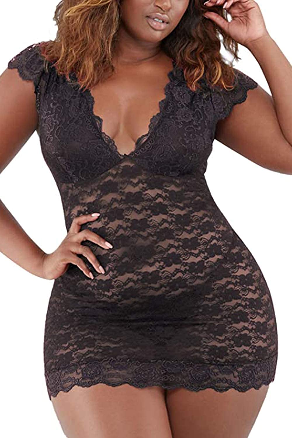 Price:$16.88 Women Plus Size Chemise Floral Lace Lingerie Mesh Bodysuit Babydoll Sleepwear at Amazon Women’s Clothing store