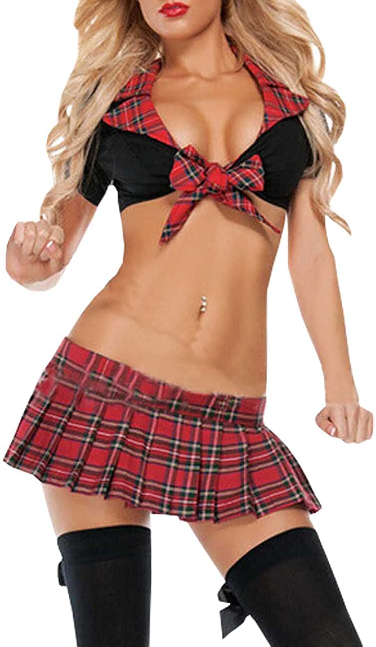 Price:$15.99 Women Role Play Mini Plaid Skirt School Girl Costume Sexy Lingerie Set,Black,Free Size: Clothing, Shoes & Jewelry