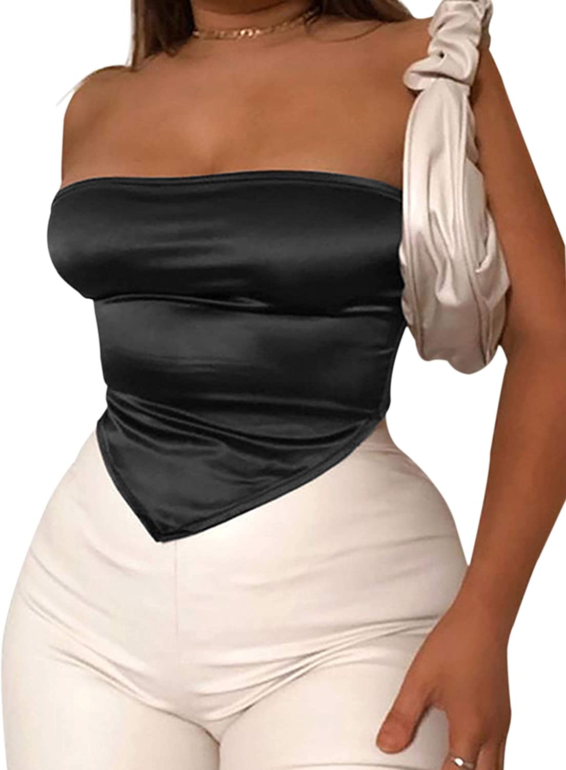 Price:$10.99 Women’s Sexy Sleeveless Backless Tie Back French Knot Hanky Hem Strapless Scarf Crop Tops Bandana Tube Top at Amazon Women’s Clothing store