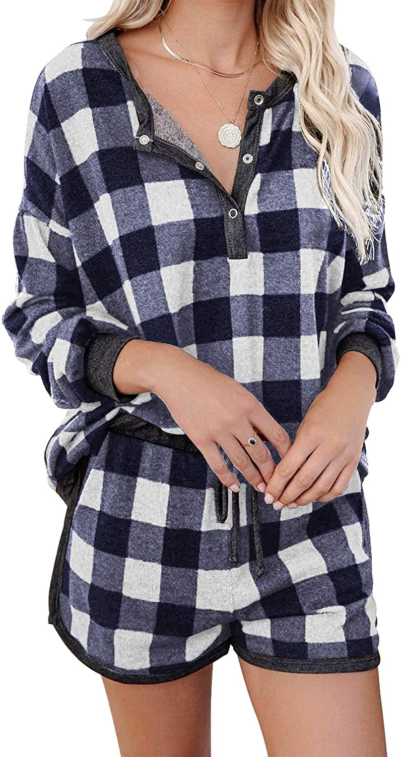 Price:$29.99 Plaid Long Sleeve V-Neck Henley Pajama Pjs Set Two Piece Lounge Outfits at Amazon Women’s Clothing store