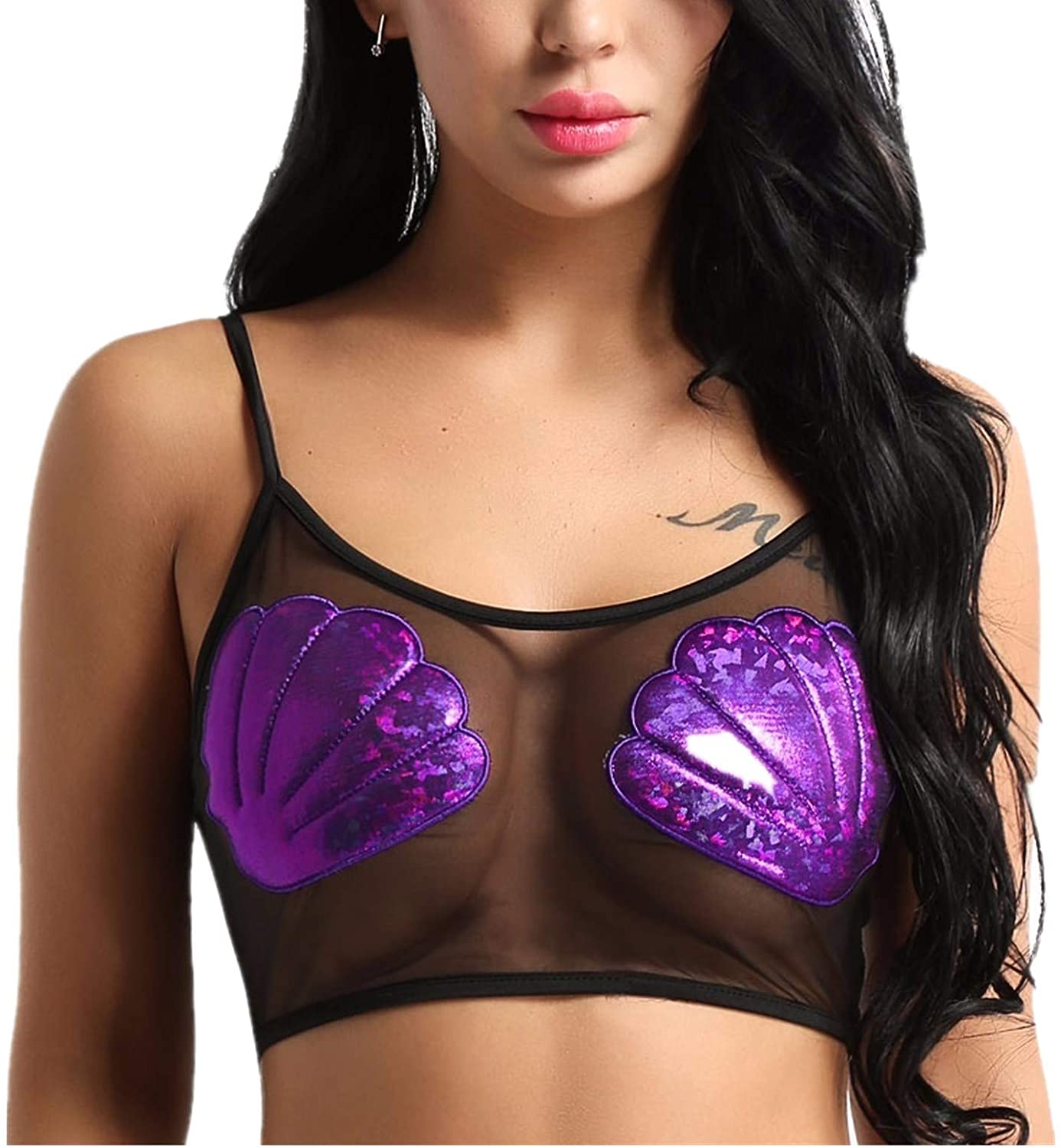 Price:$6.95 Sexy Women's Strappy Mesh Bralette Mermaid Sea Shell Crop Tank Top Vest: Clothing, Shoes & Jewelry