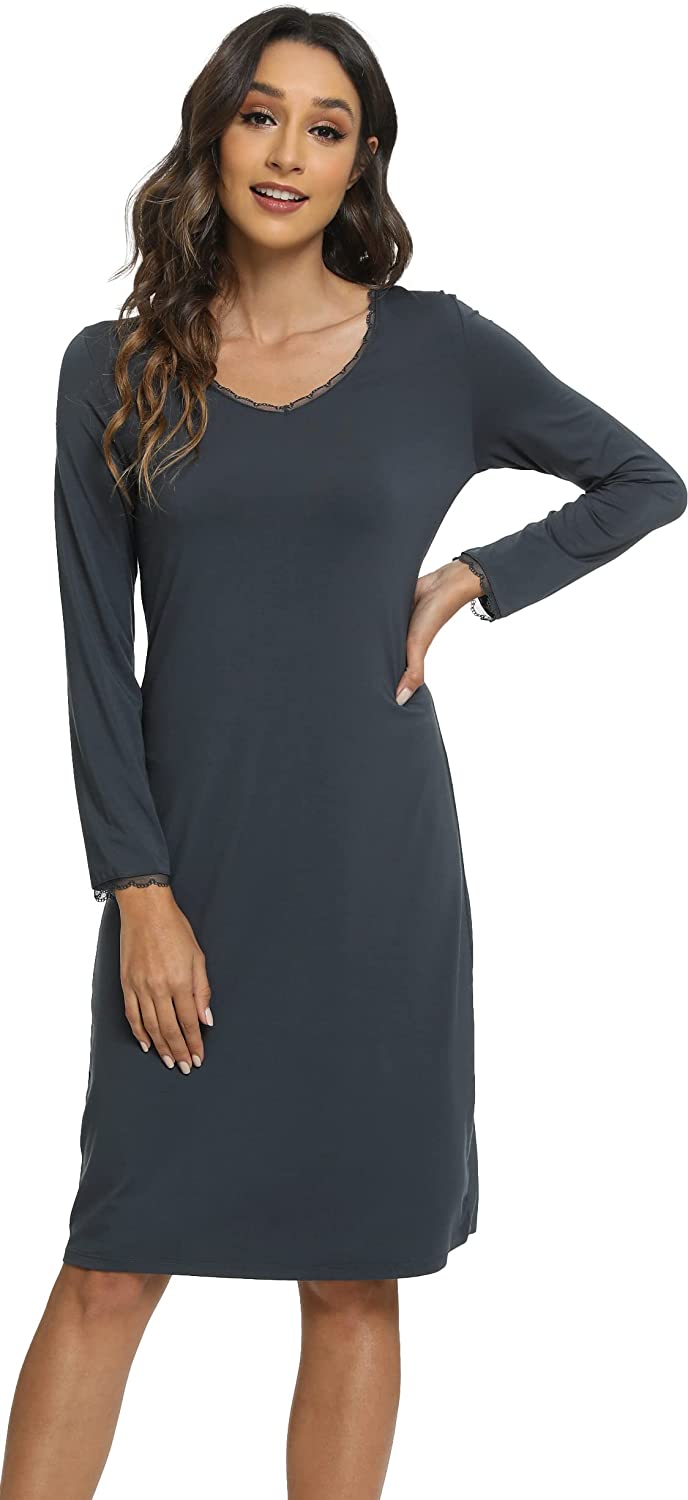 Price:$26.99 Women's Bamboo Nightgown V Neck Long Sleeve Sleepwear Lace Trim Night Shirts at Amazon Women’s Clothing store