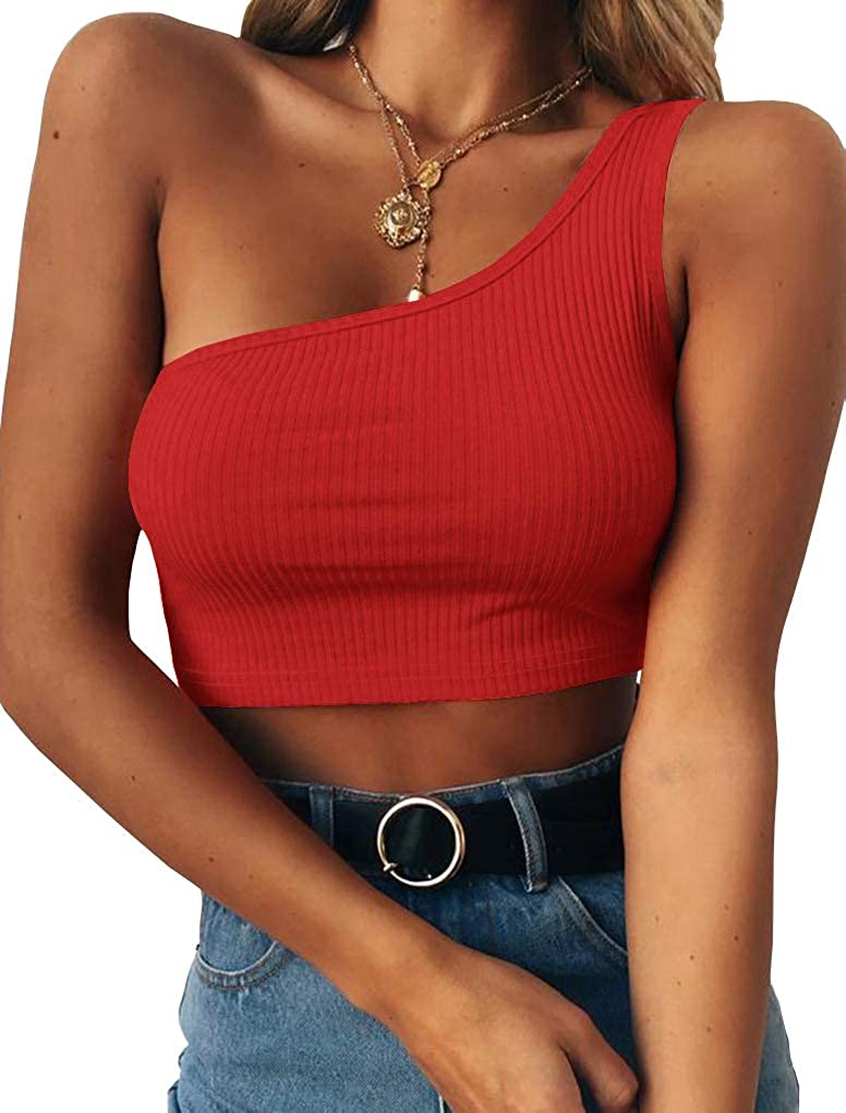 Price:$6.96 Women's Sleeveless Crop Tops Sexy One Shoulder Strappy Tees Basic Crop Tank Tops at Amazon Women’s Clothing store