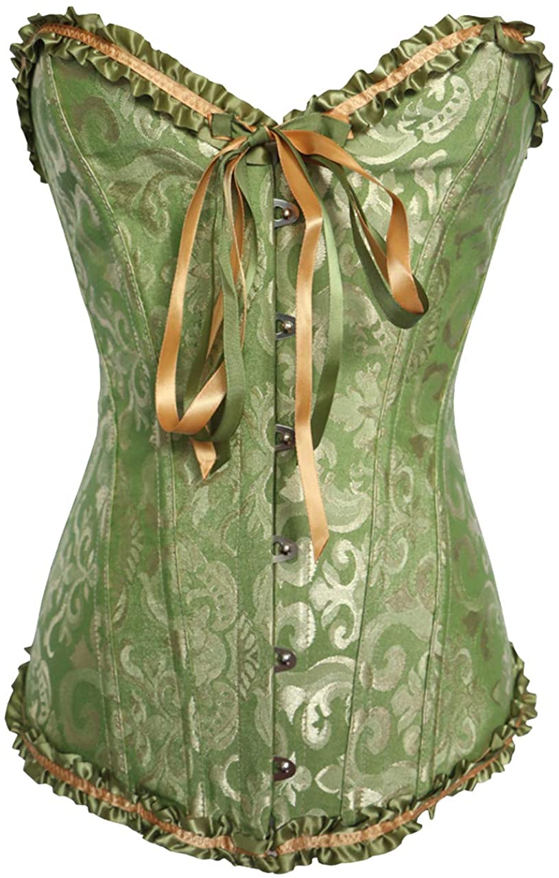 Price:$19.99 Women Sexy Lace up Corset Satin Boned Floral Trim Bustier Waist Cincher Overbust Shapewear at Amazon Women’s Clothing store