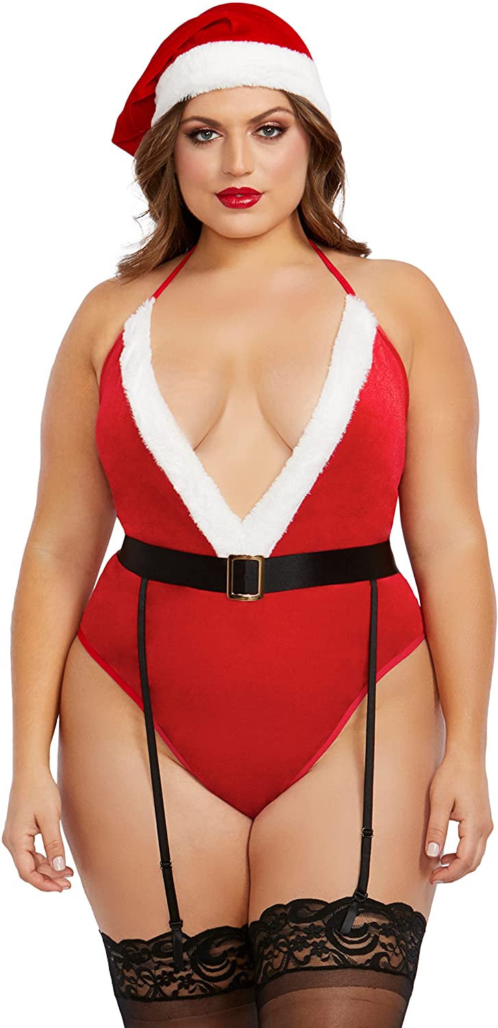Price:$35.00 Plus Size Stretch Velvet Santa Themed Teddy Set with Matching Santa Hat & Adjustable Tie Back Closures Red: Clothing, Shoes & Jewelry