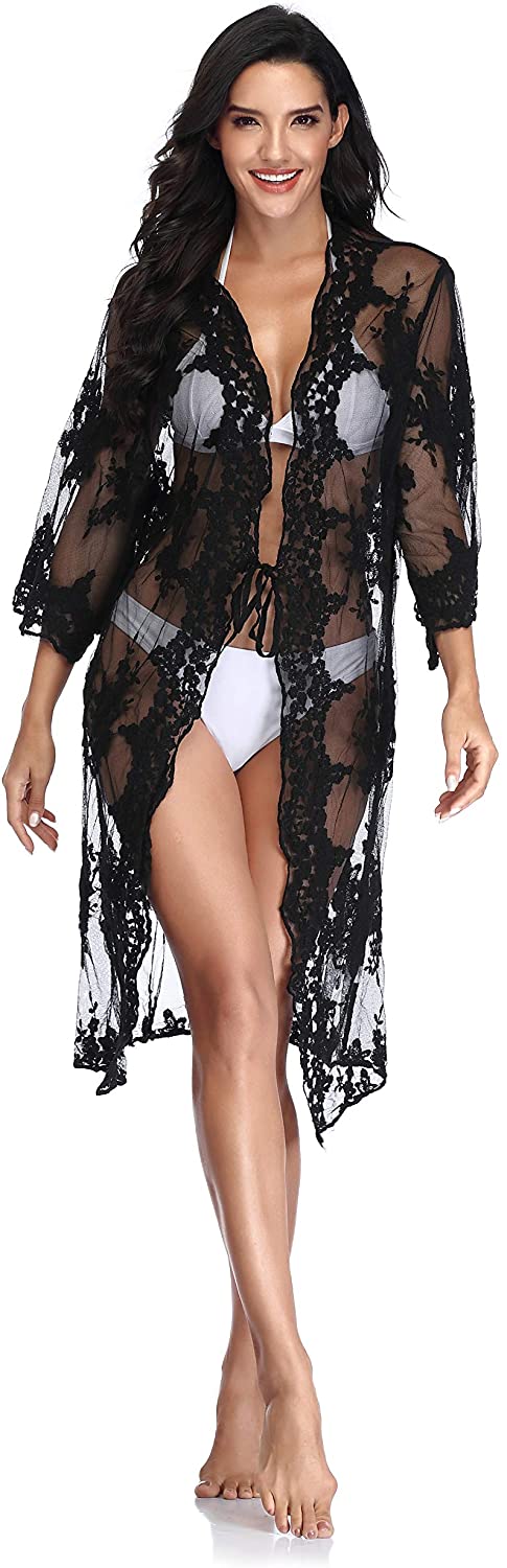 Price:$15.99 Swimwear Lace Bathing Suit Bikini Cover Up 3/4 Sleeve Beachwear Open Front Sexy Robes for Lady Black : Clothing, Shoes & Jewelry