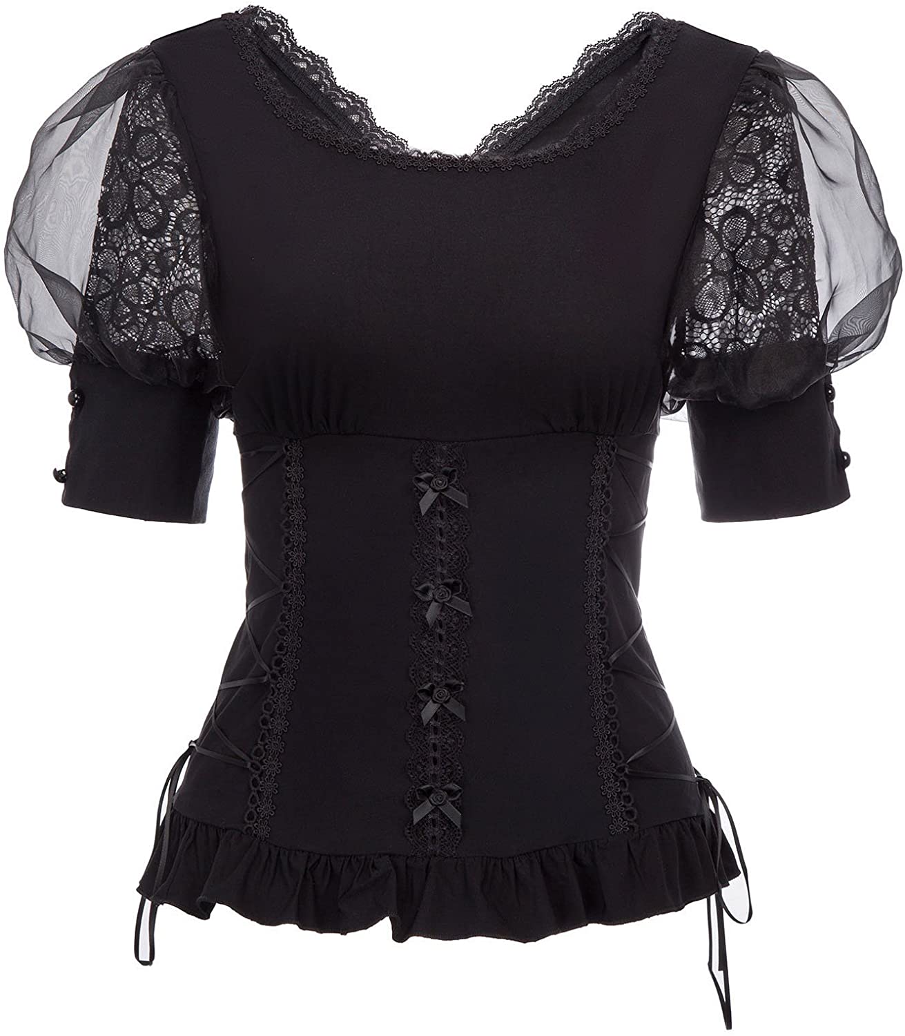 Price:$32.99 Poque Women Victorian Puff Sleeve Shirt Steampunk Gothic Lace T Shirt Tops at Amazon Women’s Clothing store