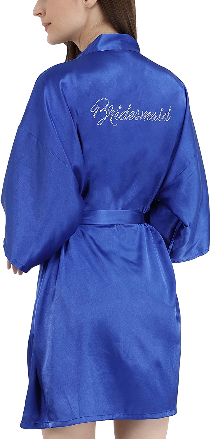 Price:$12.99 Robes for Women Bridesmaid Bride Bridal Party Wedding Short Sexy Rhinestones Kimono Soft Lounge Robe Sleepwear (Royal Blue, Bridesmaid) at Amazon Women’s Clothing store