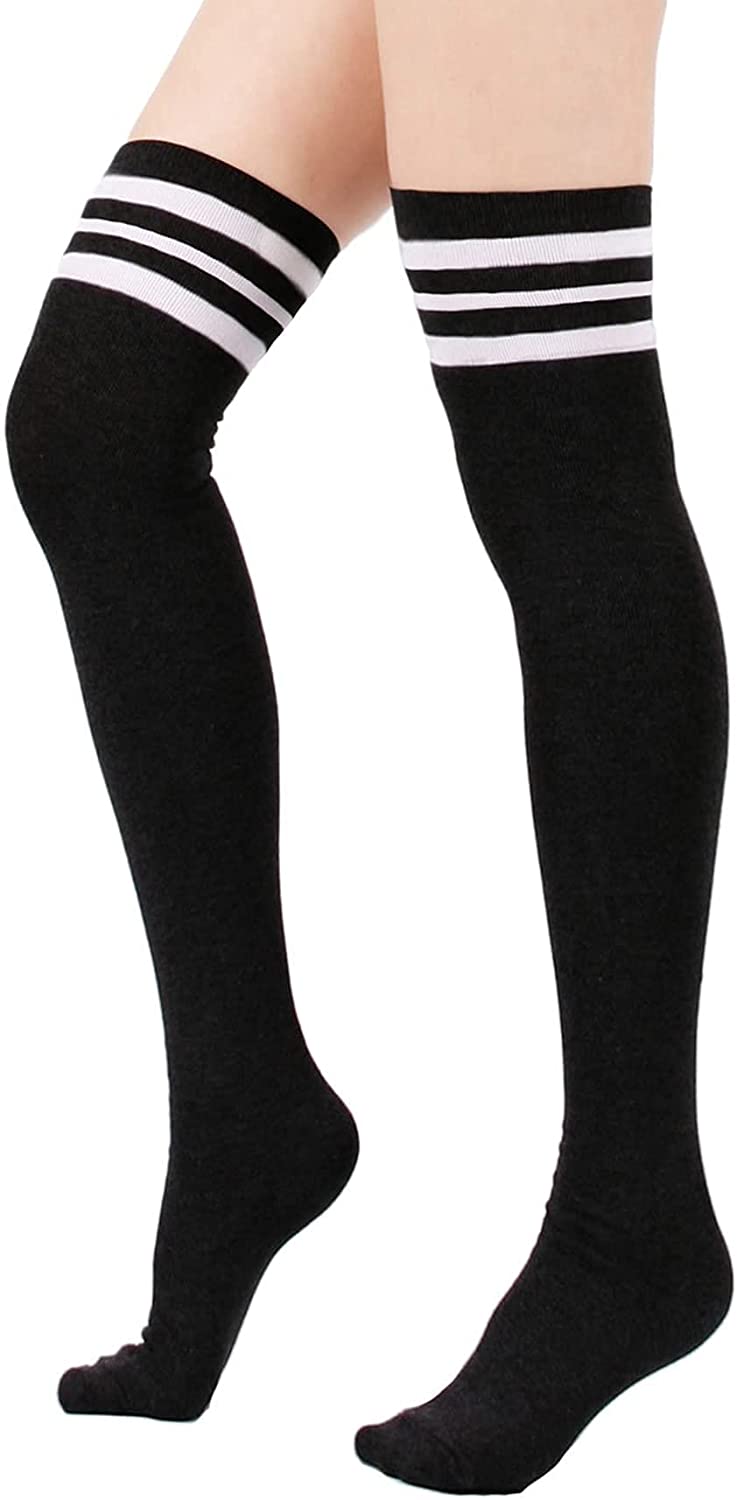 Price:$6.99 Women Plus Size Thigh High Stockings Over the Knee Thin Tube Socks Long Sport Tights Casual Striped Leg Warmers at Amazon Women’s Clothing store