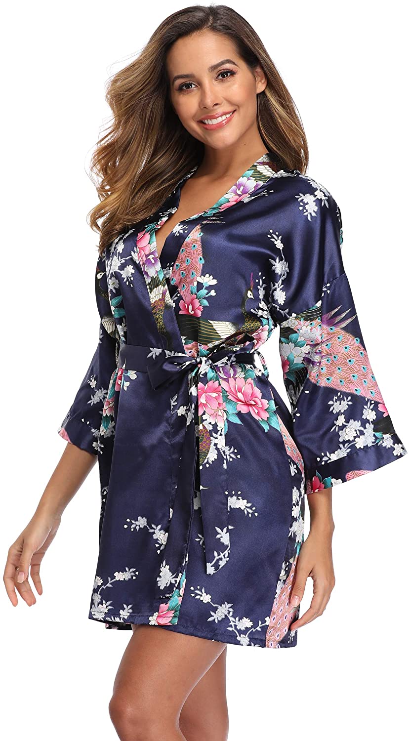 Price:$8.99 Women's Short Floral Robe Silky Lightweight Sleepwear Satin Bridesmaids Robes for Bridal Party at Amazon Women’s Clothing store
