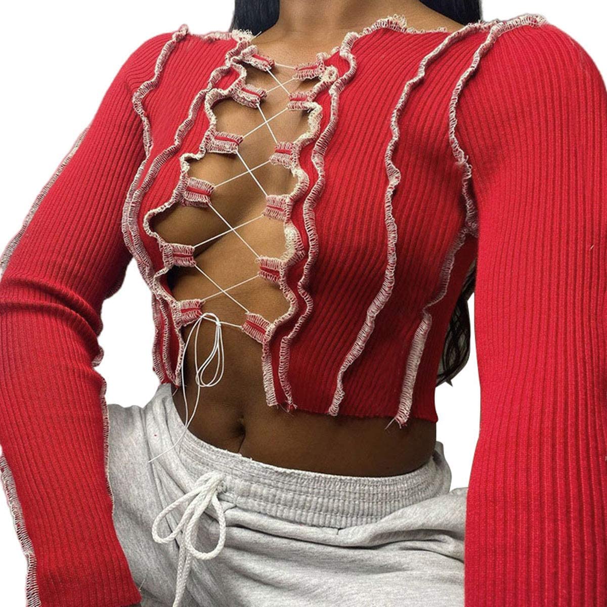 Price:$22.99 Sexy Hollow Out Patchwork Bandage Ribbed Adjustable Lace Up Crop Tops at Amazon Women’s Clothing store