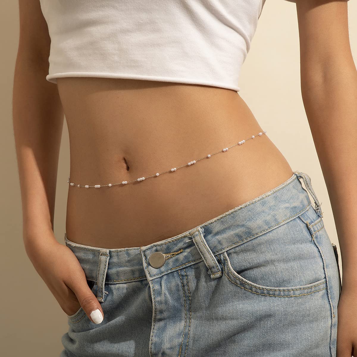 Price:$7.90 Silver Waist Chain Pearl Belly Adjustable Chain Trendy Charming Sexy Belly Chain for Women and Girls (Silver) : Clothing, Shoes & Jewelry