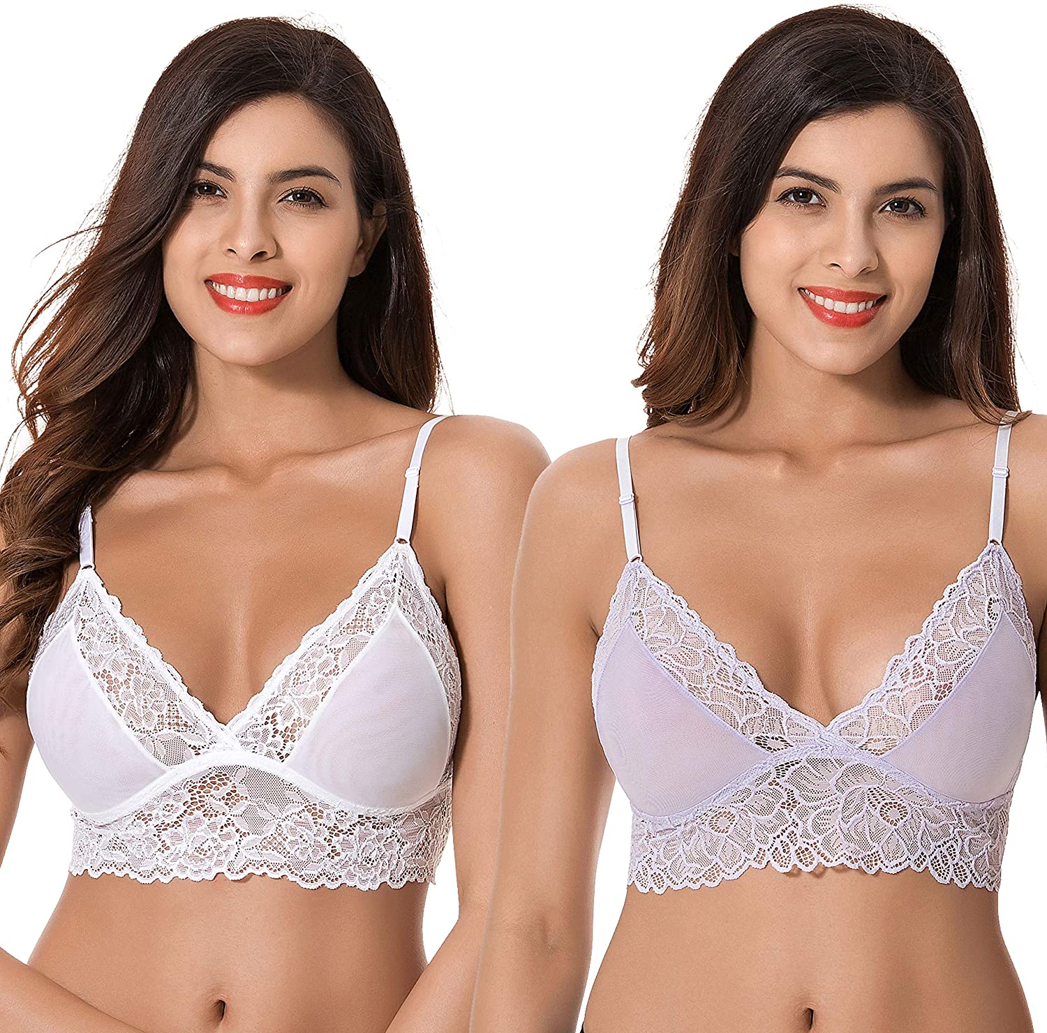 Price:$24.99 Muse Plus Size Plunge Unlined Bralette with Floral Lace-2 Pack at Amazon Women’s Clothing store