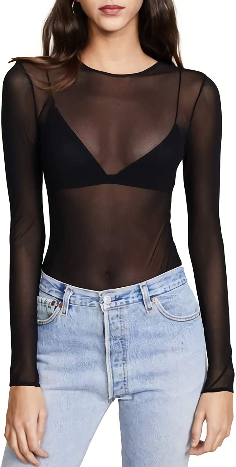 Price:$12.99 Women's Mesh Tops Long Sleeve See Through Sheer Blouse Black Sexy Clubwear Shirts at Amazon Women’s Clothing store